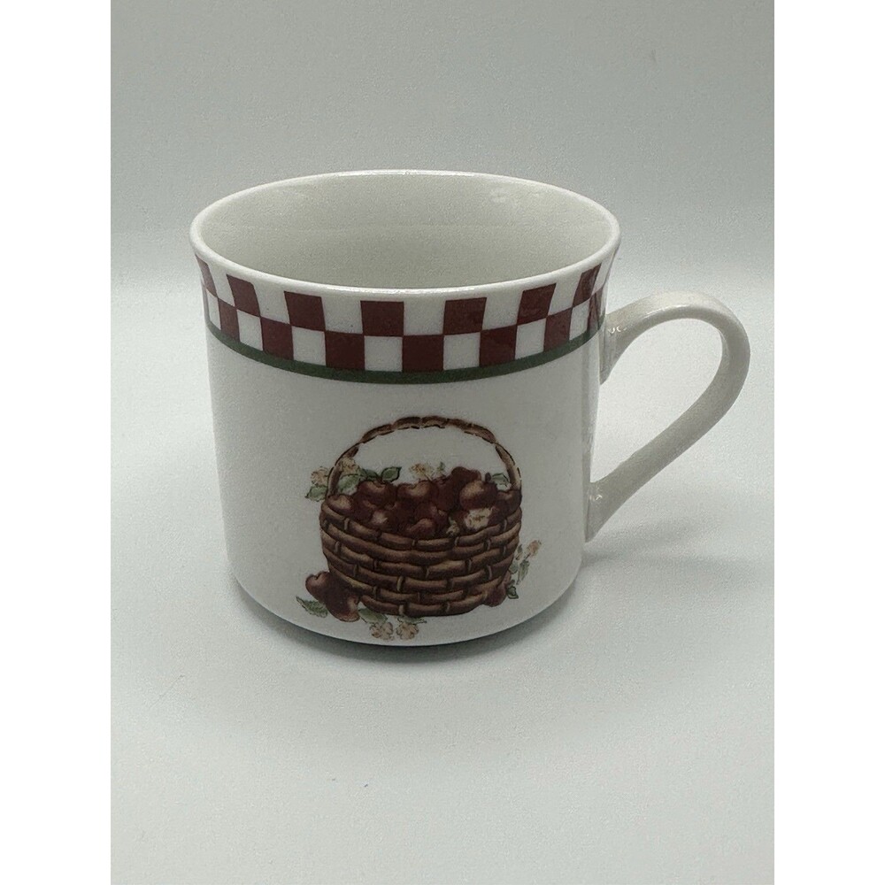 Vintage Alco Industries Apple Basket Ceramic Coffee Mug Red Check Rim